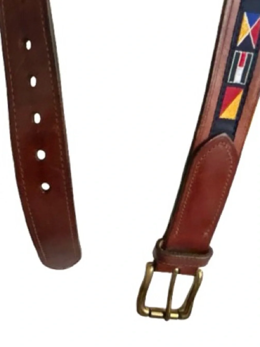 TOMMY HILFIGER L Leather Flag Nautical Belt Brown Large Size 49 Preppy